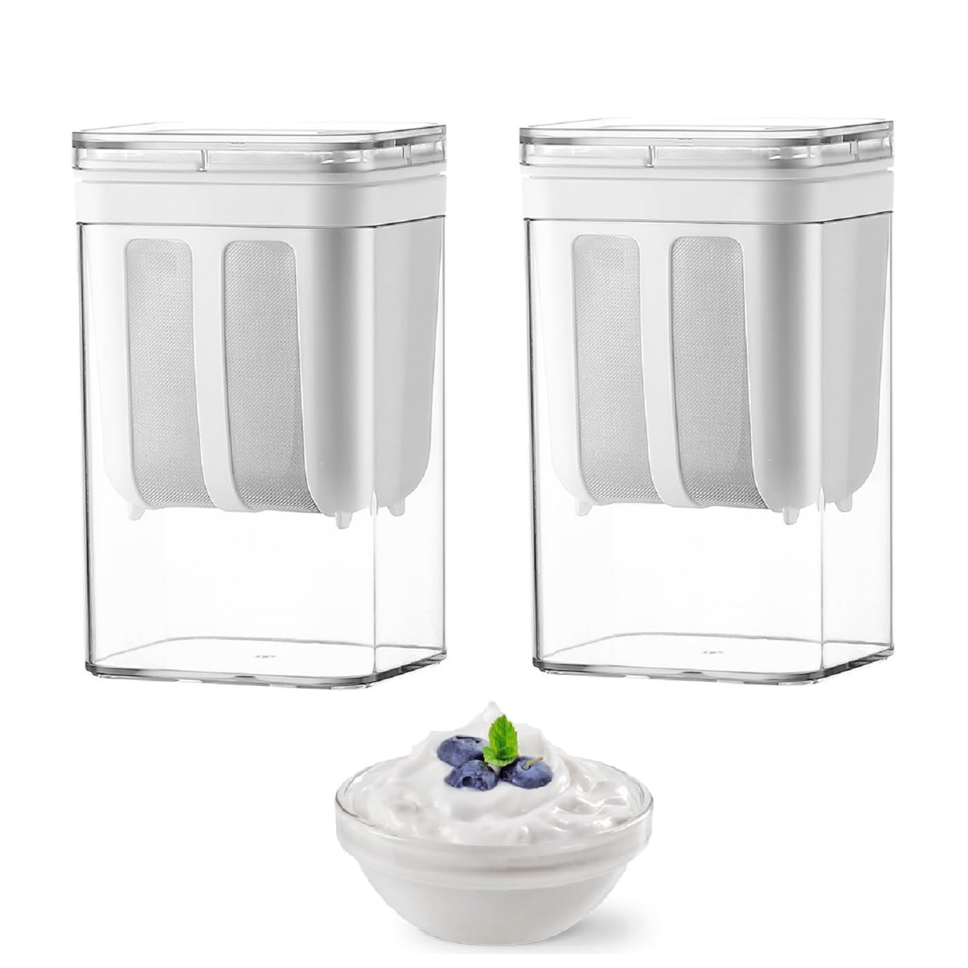 lomonmen Yogurt Strainer Fine Mesh Yogurt Maker Strainer with Lid 1100 ML Cheese Yogurt Maker Reusable Yogurt Filter for Making Thick Greek Yogurt Soybean Milk (2pcs White)