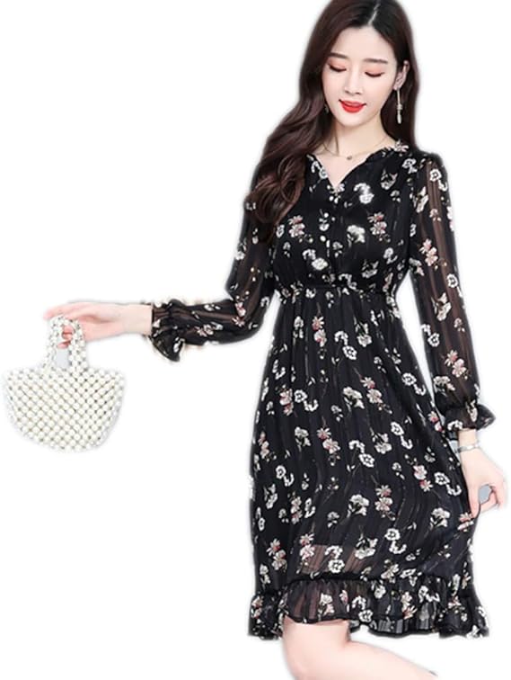 Amazon 花柄 ワンピース ロング 秋 ワンピース 花柄ワンピース ロング フレアワンピース ブラック フレア マキシ丈 シフォンワンピース 秋 薄手 涼しい レディースワンピース リゾート シフォン 花柄 マタ二ティ マタニティワンピース L パーティードレス 通販