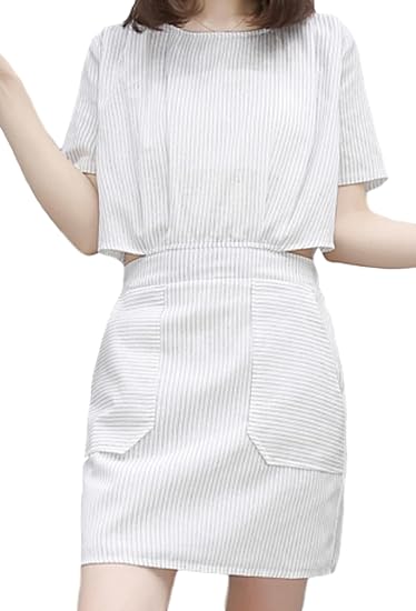 Amazon Co Jp ミニタイトワンピース ツーピース風ワンピース デザインワンピース ストライプ Om257 服 ファッション小物