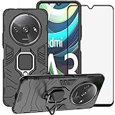 LosruGir for Xiaomi Redmi A3 4G 6.71" Case, 2 in 1 Hybrid Heavy Duty Armor Shockproof Defender Kickstand Dual Layer Bumper Hard Back Case Cover Tempered Glass Screen Protector,Black