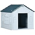 PawHut Plastic Dog House, Water Resistant Puppy Shelter Indoor Outdoor with Door, Easy to Assemble, for Medium and Small Dogs, Blue