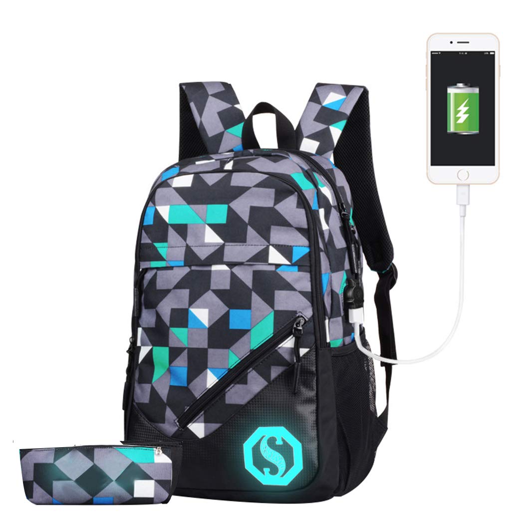 SellerFun Teenage Boy Girl Unisex Multifunctional School Bag Backpack with Florescent Mark(20L, USB ColorF 3 Sets)