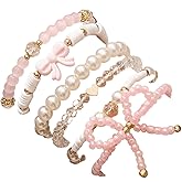 6 Pcs Set Beads Bow Charm Bracelet for Women Pink Flower Vintage Imitation Pearl Beaded Bracelets Handmade Stretch Beaded Dainty Romantic Jewelry For Women