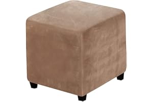 LEXFORT Velvet Ottoman Covers Slipcover Square Footstool Protector Covers Storage Stool Ottoman Covers Stretch with Elastic Bottom Small Camel