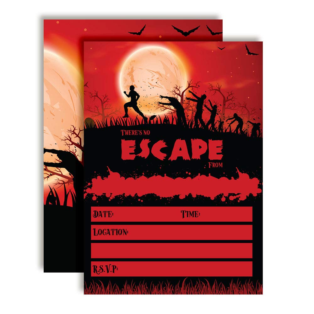Zombie Attack Spooky Blood Red Moon Halloween Birthday Party Invitations, 20 5"x7" Fill In Cards with Twenty White Envelopes by AmandaCreation