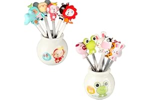 12 Pcs Mini Stainless Steel Fruit Fork with Ceramic Jars Holder Bento Food Picks Cute Cartoon Animal Fruit Picks Salad Cake D