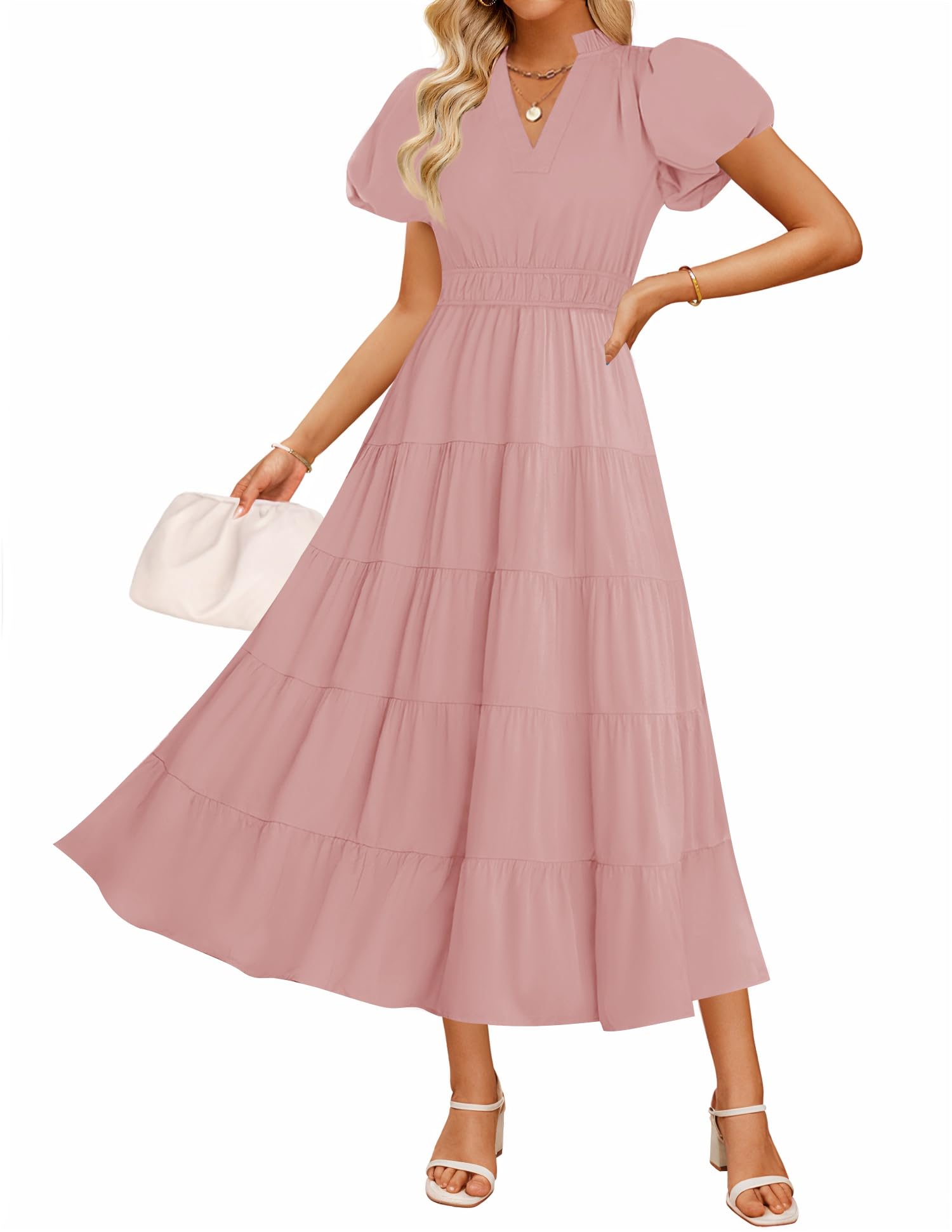 Photo 1 of ZESICA Women's Summer Casual Maxi Dress 2025 Puff Short Sleeve V Neck Ruffle Tiered Flowy Boho Beach Dresses,Dusty Pink,X-Large