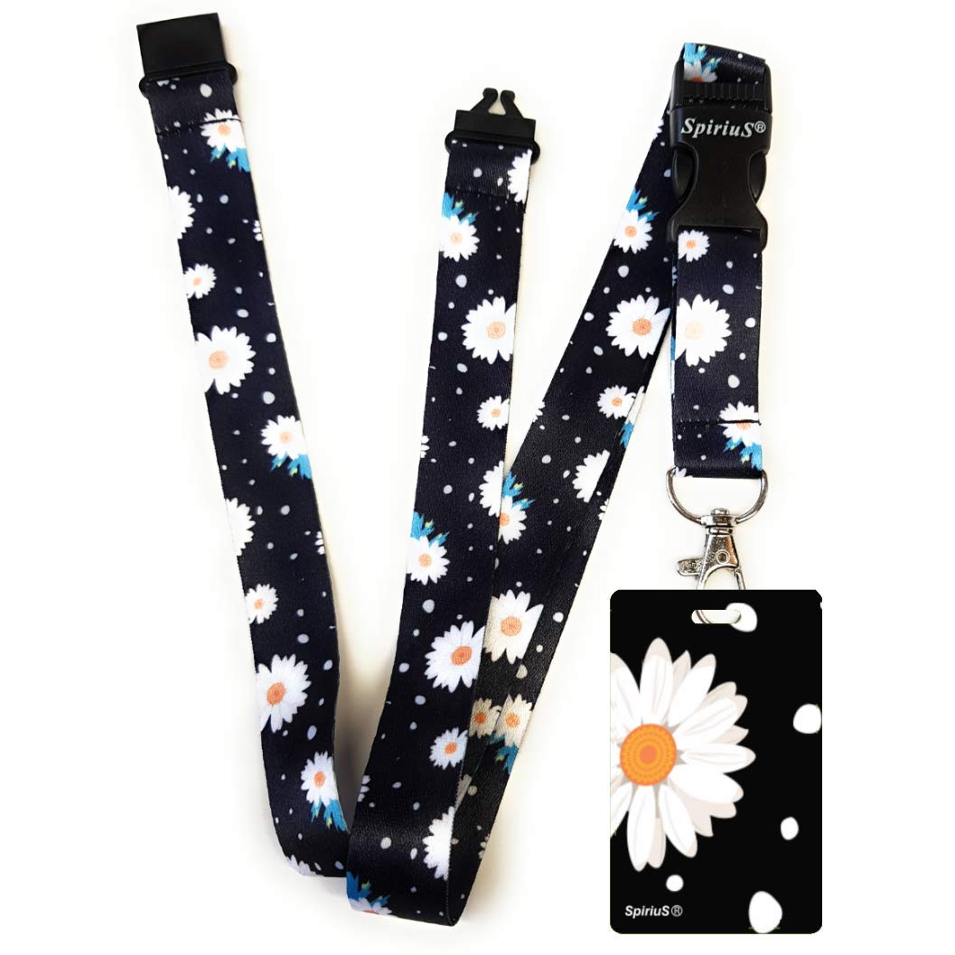 SpiriuS Lanyard Neck Strap with Unique Soft Plastic Badge Holder for Mobile ID Keys mp3 USB Holder. (Unique Daisies in Black)