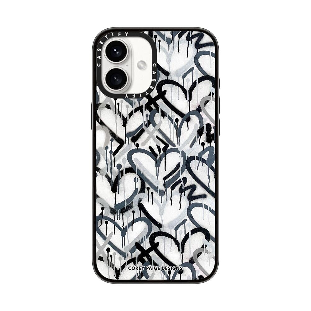 CASETiFY Compact Case for iPhone 16 Plus [Lightweight / 4 ft. 2X Military Grade Drop Protection/Slim] - Monochrome Graffiti Hearts - Clear Black