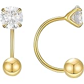 SWEETV Screw Back Cubic Zirconia Huggie Half Hoop Earrings for Women, 14K Gold Plated 925 Sterling Silver Hoop Earrings with Tiny Small Ball Screw Back