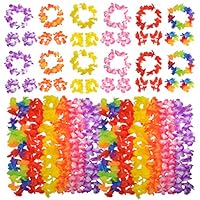HOVEOX 48 Pcs Hawaiian Elastic Flowers Necklaces Headbands and Wristbands Set Hawaiian Floral Leis Decorations Beach Party Wedding Decorations Birthday Party 6 Color