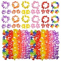 HOVEOX 48 Pcs Hawaiian Elastic Flowers Necklaces Headbands and Wristbands Set Hawaiian Floral Leis Decorations Beach Party Wedding Decorations Birthday Party 6 Color