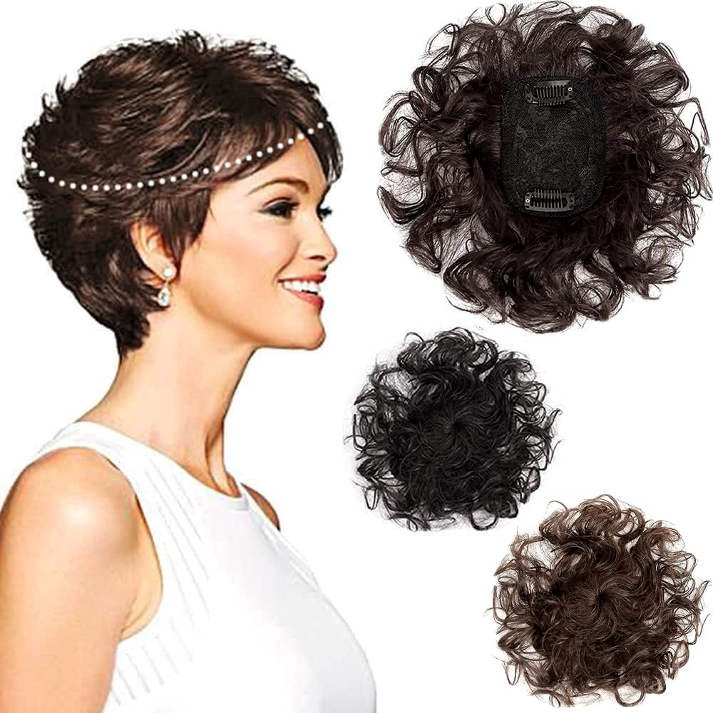 Photo 1 of 7x10cm Small Area Short Curly Human Hair Topper Fluffy Curly Hair Topper Clip in Toupee Hairpieces Top Crown Topper Hair Replacement Wiglets Weavy Topper Hair Pieces for Women Dark Brown