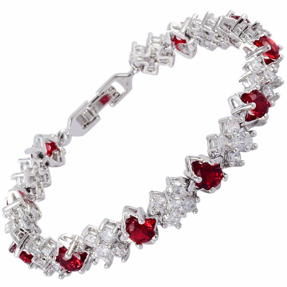 RIZILIA Tennis Bracelet [18cm/7inch] with Round Cut Gemstones CZ [Red Ruby] in 18K White Gold Plated, Simple Modern Elegance