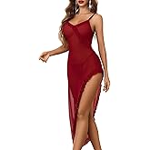 Avidlove Lingerie for Women Mesh Babydoll Chemise Sexy V Neck Nightdress Ruffle Hem Nightwear Side Split Nightgown