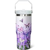 qwpmvhsak 30 Oz Flip Tumbler with Handle Lid and Straw,Purple Butterfly Reusable Tumbler Water Bottle Travel Coffee Cup Mug,Butterfly Gifts for Women Mom Daughter Girlfriend Teenage Girls Bridesmaid