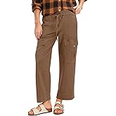Cicy Bell Womens Cotton Cargo Pants Low Rise Drawstring Waist Wide Leg Casual Hiking Pants with Multiple Pockets Brown