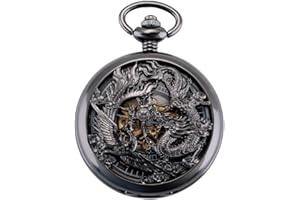 oyeaho Mechanical Pocket Watches for Men, Lucky Dragon and Phoenix, Skeleton Pocket Watch with Chain