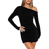 IYOWEL Women's Sexy Off Shoulder Dress Long Sleeve Bodycon Ruched Going Out Cocktail Party Short Mini Dresses