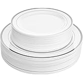 Aya's 60 Silver Rimmed Plastic Plates for Party, Heavy Duty Disposable Plate Set of 30 Dinner and 30 Dessert Plates for Weddings and Special Events, Fancy Disposable Tableware