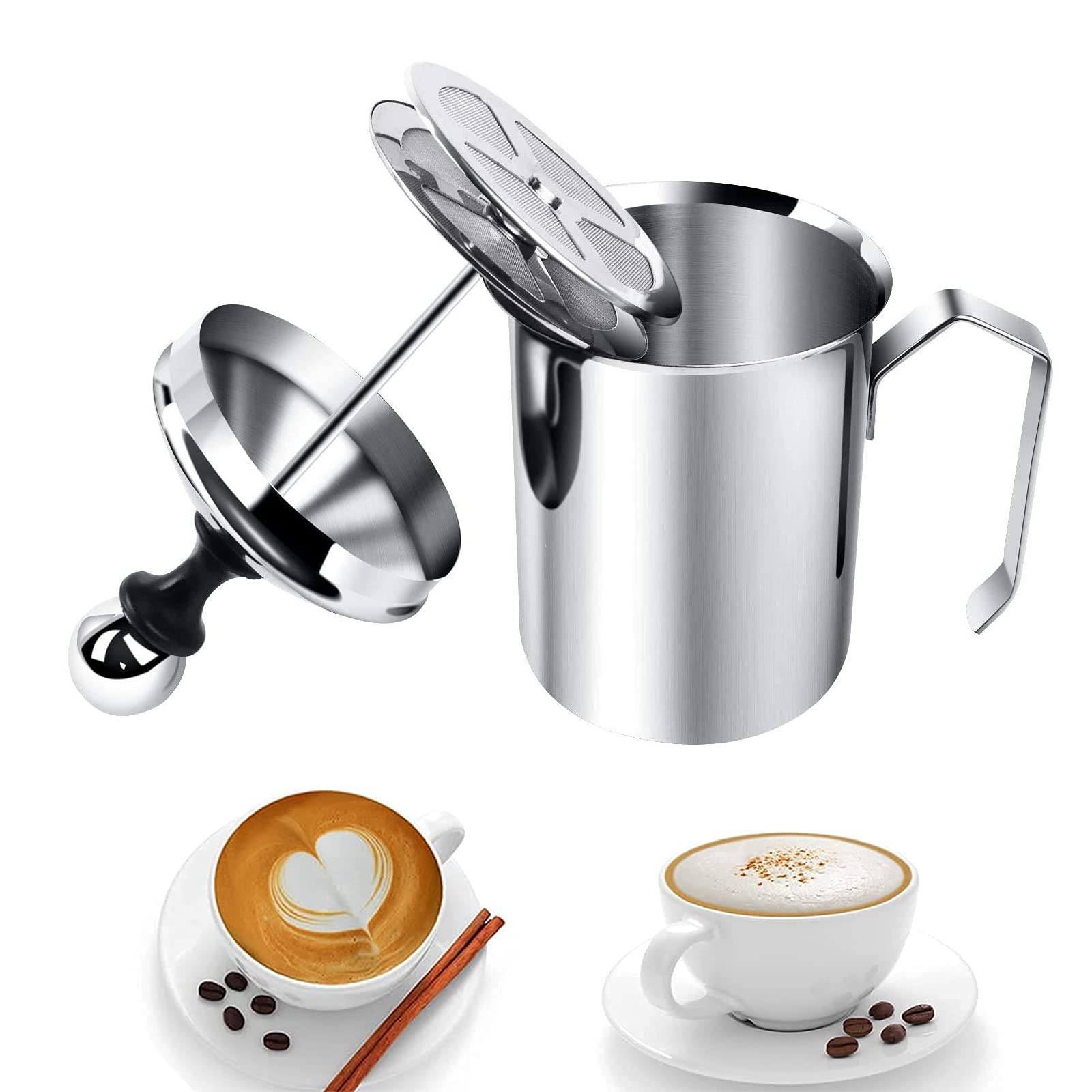 Manual Milk Frother,Stainless Steel Manual Milker 304,Foam Mixer Blender,400Cc High-End Latte Milk Cup,Suitable for Home,Coffee Shop and Restaurant