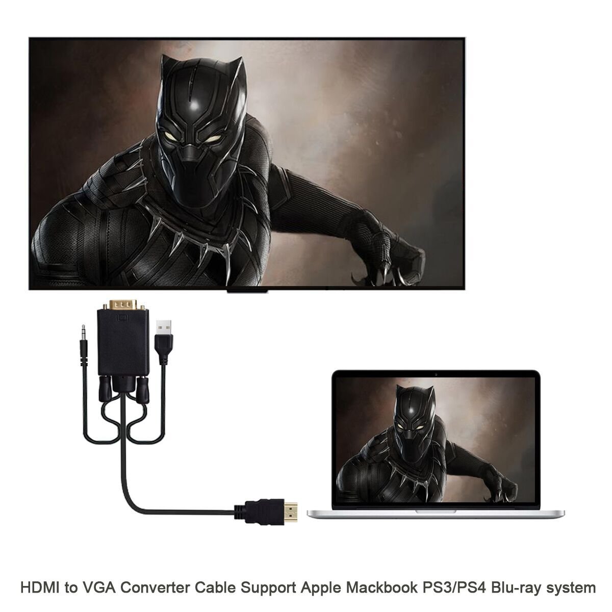 HDMI to VGA Adapter Cable With Micro USB Powered And Audio Cable 1080P Male to Male HDMI to VGA Active Video Converter Cord (6 Feet/1.8 Meters)