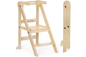 CAMECEQUTER Foldable Toddler Kitchen Stool Helper, Toddler Tower with 3 Adjustable Height, Wooden Toddler Step Stool, Collapsible Toddler Tower, Toddler Stool for Kitchen and Bathroom (Nature)