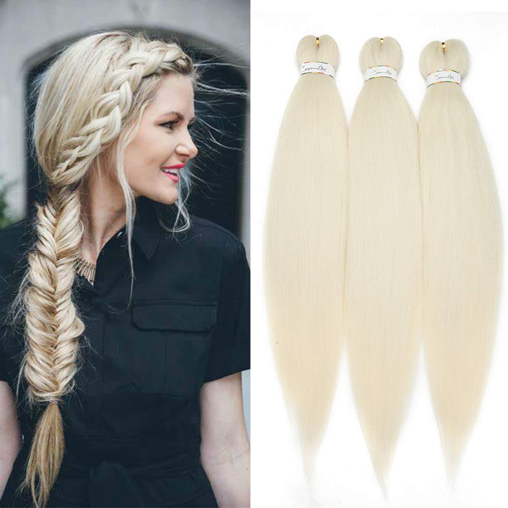 3 Packs EZ Pre-stretched Braiding Hair Easy Braid Professional Itch Free Synthetic Fiber 26" Corchet Braids Yaki Texture Hot Water Setting, Bleach Blonde