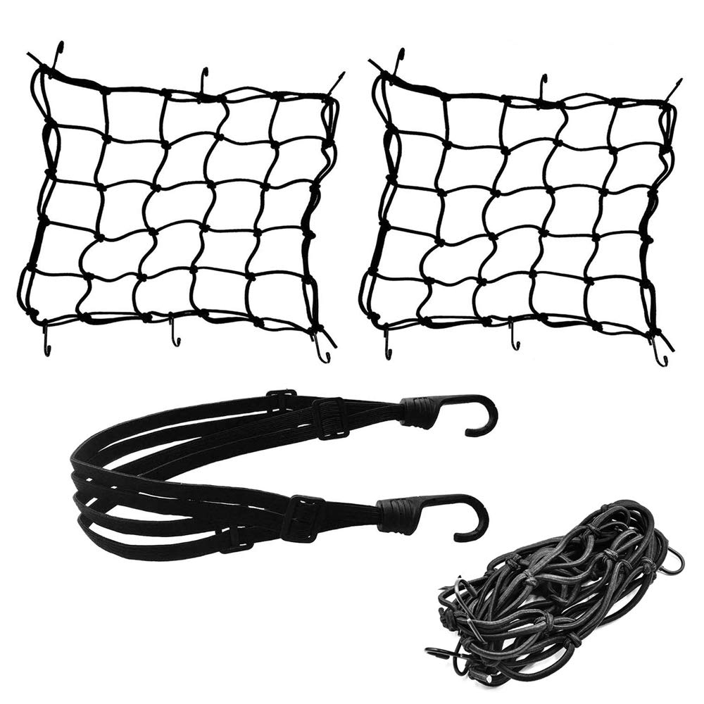 2 Pack Heavy Duty Helmet Cargo Net + A Helmet Rope Luggage Net, Retractable Elastic Rope Strap Bungee Net with 6 Hooks for Motorcycle Bike Luggage Load Cover ATVs