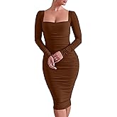 HOCILLE Women's Sexy Long Sleeve Bodycon Square Neck Ruched Cocktail Party Midi Dresses