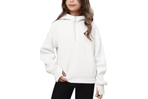 Haloumoning Girls Athletic Quarter Zip Fleece Hoodies Kids Side Slits Sweatshirts Thumb Hole Pullover Tops 5-14 Years
