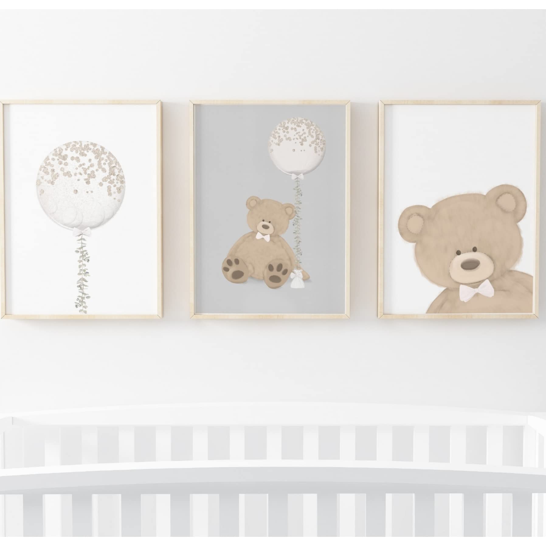 Cute Children's Bear Balloon Prints | Wall Art | Child Room | Kids Room Decor | Cute Animal Print | Animal Nursery Print (A4, Grey)