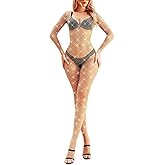 LUCKELF Womens Classic Fishnet Bodystocking Lingerie Party Sparkle Rhinestone Stockings One Piece