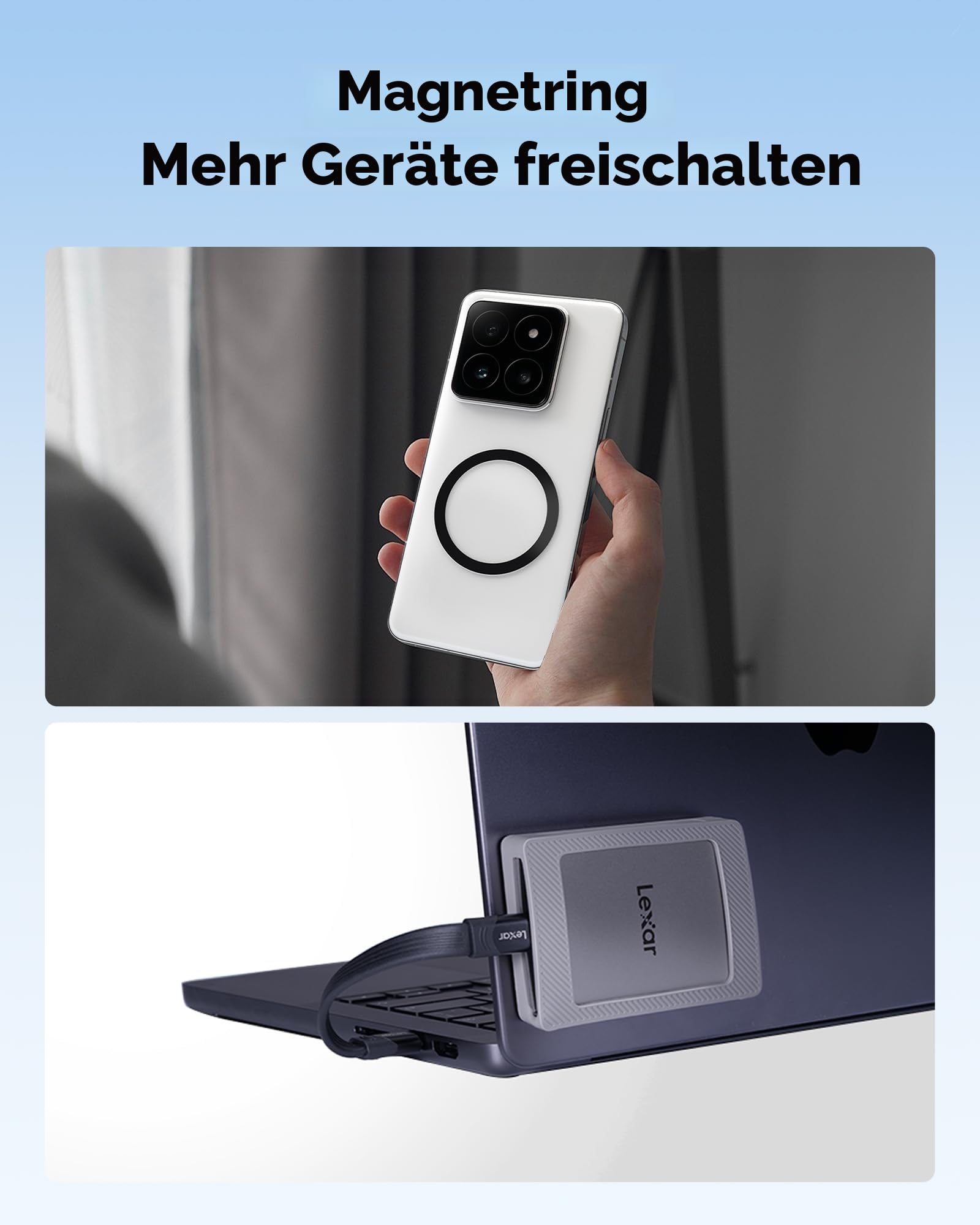 Lexar Portable SSD mit Magnetsatz 2TB, Externe SSD USB 3.2 Gen 2 bis zu 1050 MB/s Lesen und 1000 MB/s Schreiben, kompatibel mit iPhone 15/16, PC & Mac, Type-C-Laptops, Tablets, PS5, PS4 4