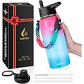 AMITER Insulated Bottle with Straw & Spout Lid, Wide Mouth Stainless Steel Water Bottles with Paracord Handle - 22oz