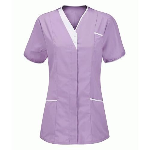 OUMSHBI Medical Scrub Tops For Women Nurses Shirts With Pockets Button Dentists Beauty Tunic Scrubs Casual Solid Color Short Sleeve V Neck Medical Uniforms Oversized Workwear Ladies Nurses Shirts