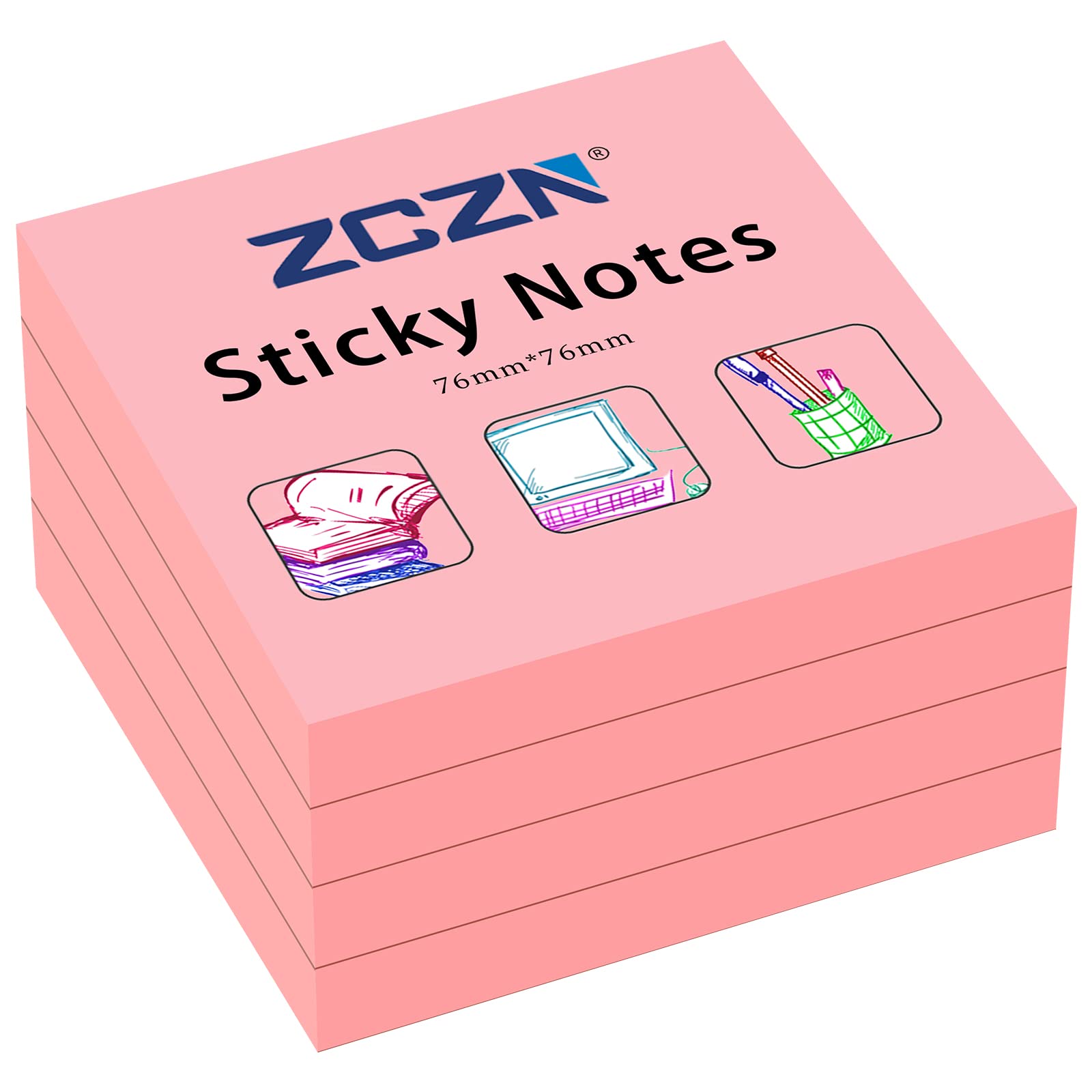 ZCZN Sticky Notes 3 x 3 in, 100 Sheets/Pad, 4 Pads, Pink
