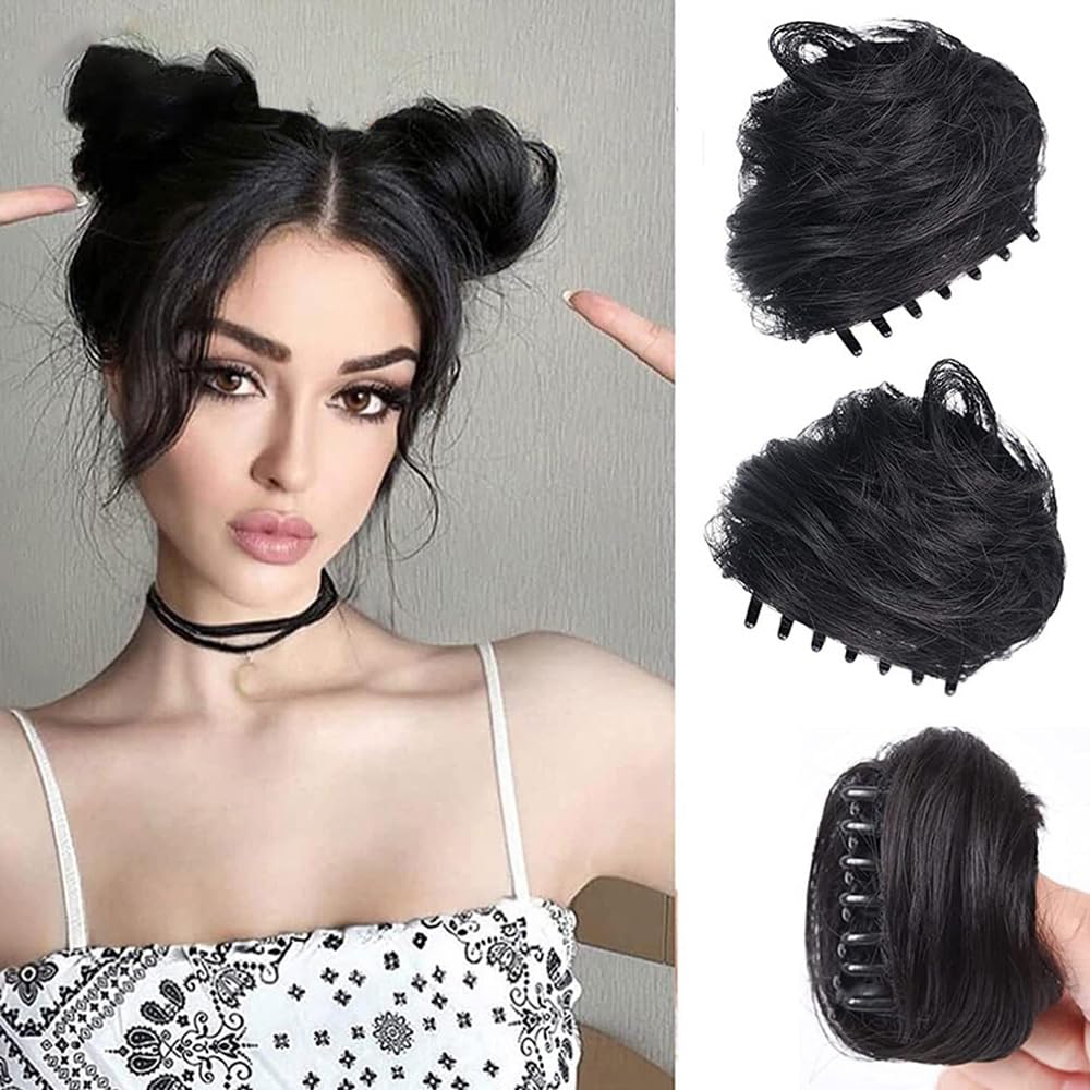 RPAEOY 2PCS Claw Clip in Hair Bun Cat Ears Mini Messy Hair Bun Extension Synthetic Donut Updo Bun Hair Pieces for Women Girls Wig Accessory (Black)