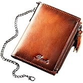 Wallet with Chain for Men Women Genuine Leather RFID Blocking Bi-Fold Wallet with Chain, Zip Coin Pocket, Credit Card Holder, Transparent ID Window for Driver License Biker Punk Hip Hop Style (Brown)