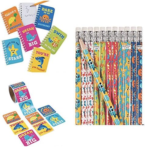 Under The SEA Party Favors - 24 Jumbo Stickers 12 Pencils & 12 Mini Spiral Notebooks - Classroom Awards Incentive Reward Teacher Prizes Motivation Starfish Turtle Sealife Fish Octopus