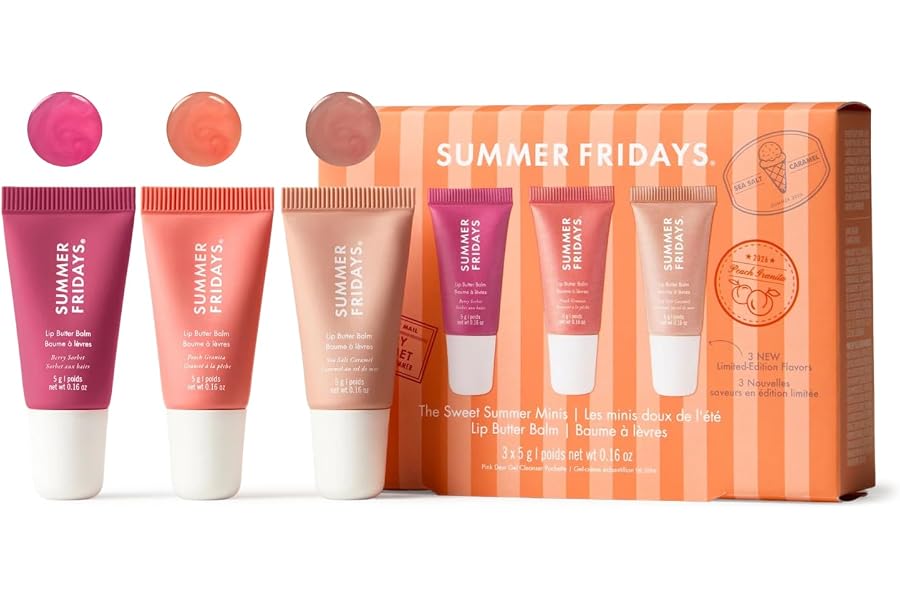 Summer Fridays Sweet Summer Minis Lip Balm Trio (0.35 Oz, 3 Ct) | Limited-Edition Tinted Lip Gloss Gift Set, Hydrating, Non-Sticky Sheer Color, Nourishing Skin Care Ingredients, Vegan