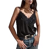 MakeMeChic Women's Satin Lace Tops Deep V Neck Spaghetti Strap Camisole Going Out Tops