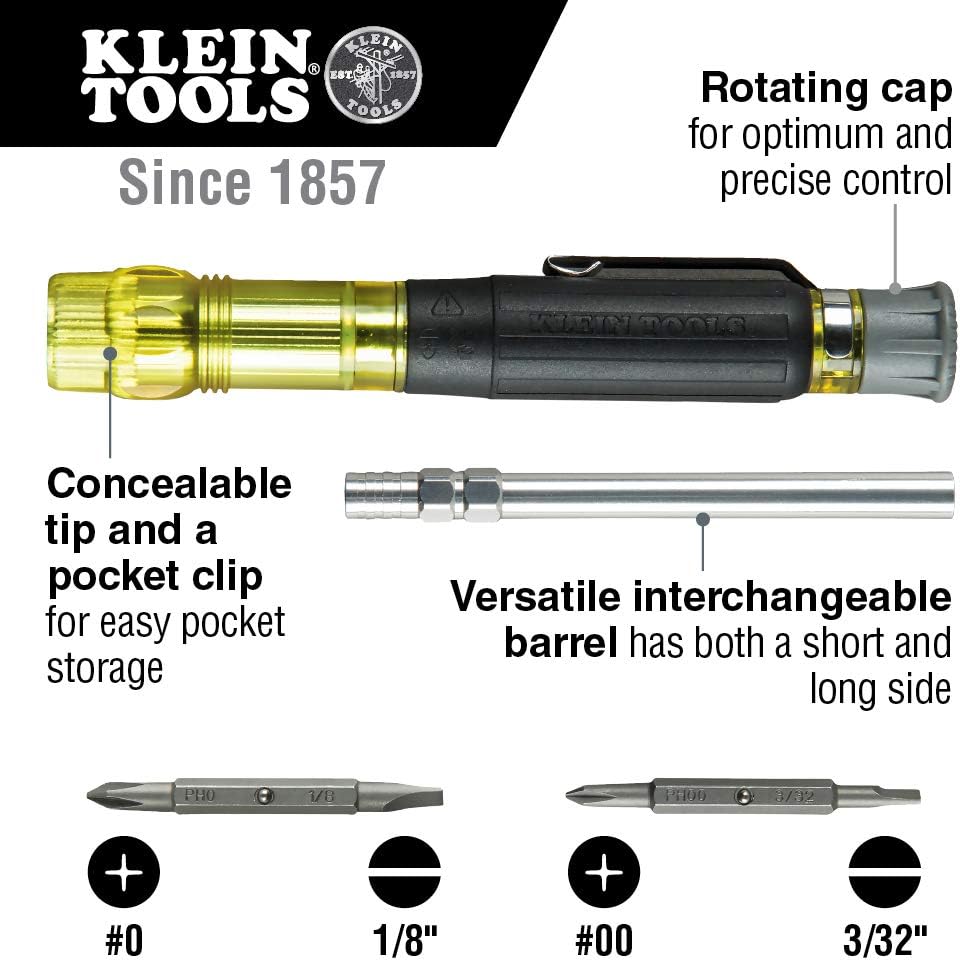Klein Tools 32614 Multi-bit Precision Screwdriver Set, 4-in-1 Electronics Pocket Screwdriver, Professional Phillips and Slotted Bits - - 