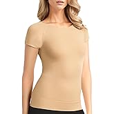 +MD Womens Undershirt Short Sleeve, Light Compression T-Shirt Tank Tops, Tummy Control Scoop Neck Basic Tee Camisole Seamless