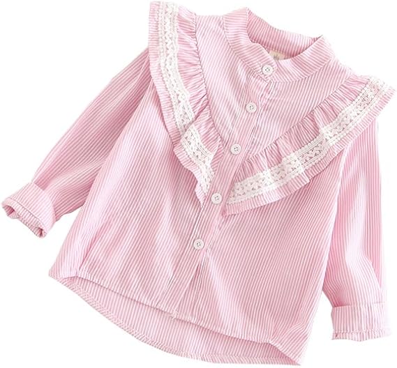 Amazon Fevon ブラウス 子供 女の子 長袖 春 夏 秋 シャツ キッズ ガールズ トップス 前開き ボタンダウン スキッパーシャツ 子供服 ストライプ レース切り替え フリル おしゃれ 可愛い 通園 通学 90 130 シャツ ブラウス 通販
