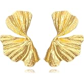 Chunky Gold Texture Big Flower Stud Earring for Women Large Floral Earrings Chic Petals Leaf Shell Angel Wings Earrings Statement Stylish Pretty Jewelry Beachy Vacation Metal Boho Jewelry