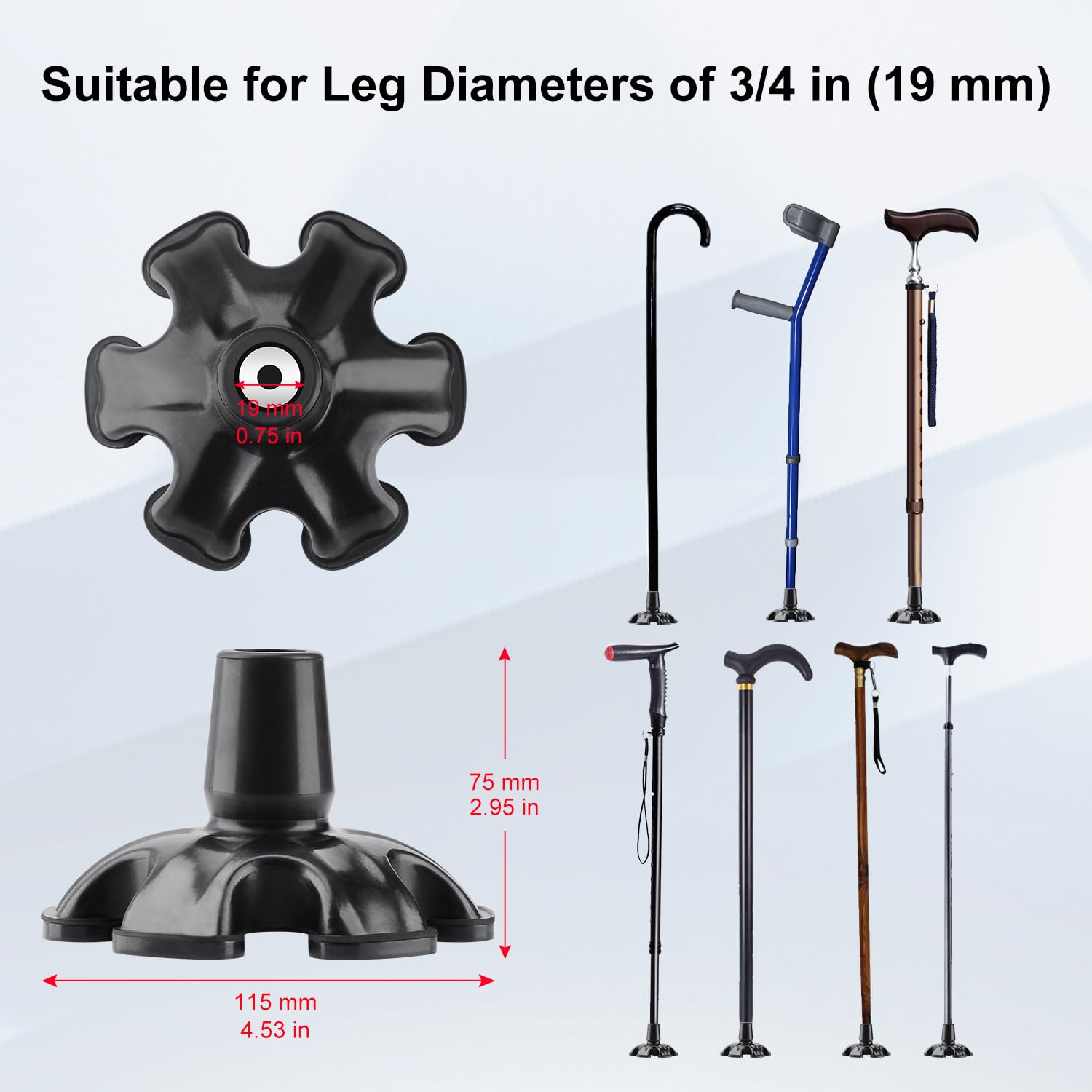 supregear Cane Tip, 3/4 Inch Self Standing Heavy Duty Rubber Replacement for Walking Cane Stable Six Point Non-Slip Cane Tip for Folding Cane Walking Stick Cane Accessory Cane Foot Pad, Black