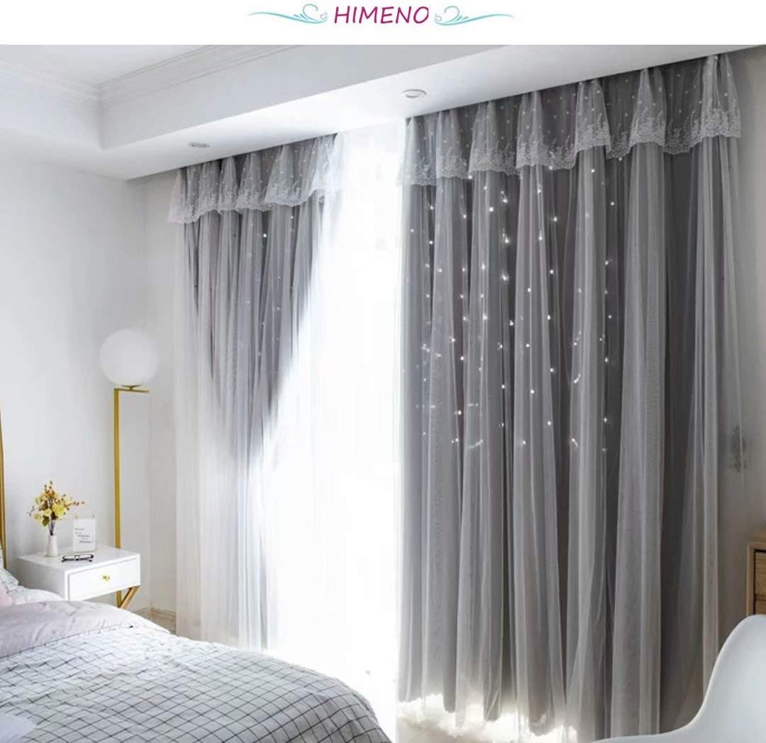 Amazon 姫系 遮光カーテン 可愛い 星 カーテン 遮光率90 以上 遮像 目隠し グレー チュール レース おしゃれ 4カラー 両開き 二重 2倍ヒダ プリンセス 子供 女子 部屋 寝室 居室 リビング マンション 窓 出窓 インテリア 引越し祝い 新築祝い 装飾レール 機能レール