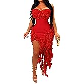 IyMoo Women Sexy Strapless Ruffle Bodycon Dress Solid Color Fringe Slim Party Cocktail Bandage Dresses