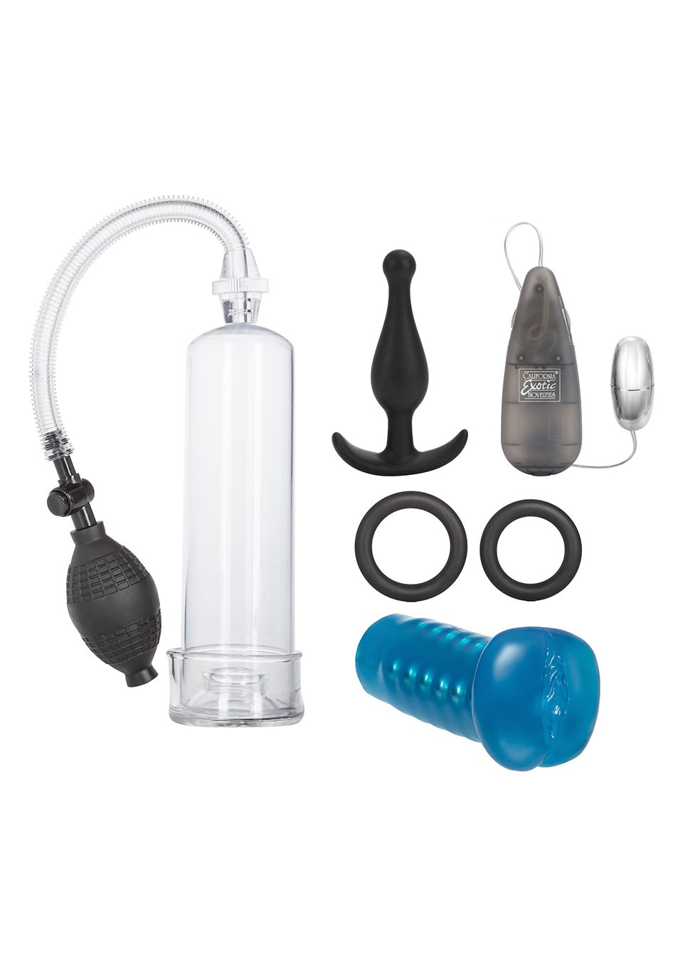 California Exotic Novelties His Ultimate Sta-Hard Kit, including rings, pump, vibe bullet and masturbator